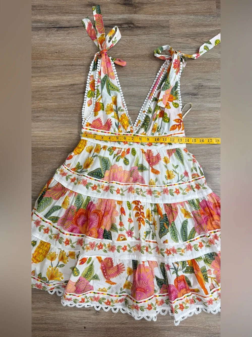 FARM Rio Macaw Bloom Tie Shoulder Tiered Floral Mini Dress Size S